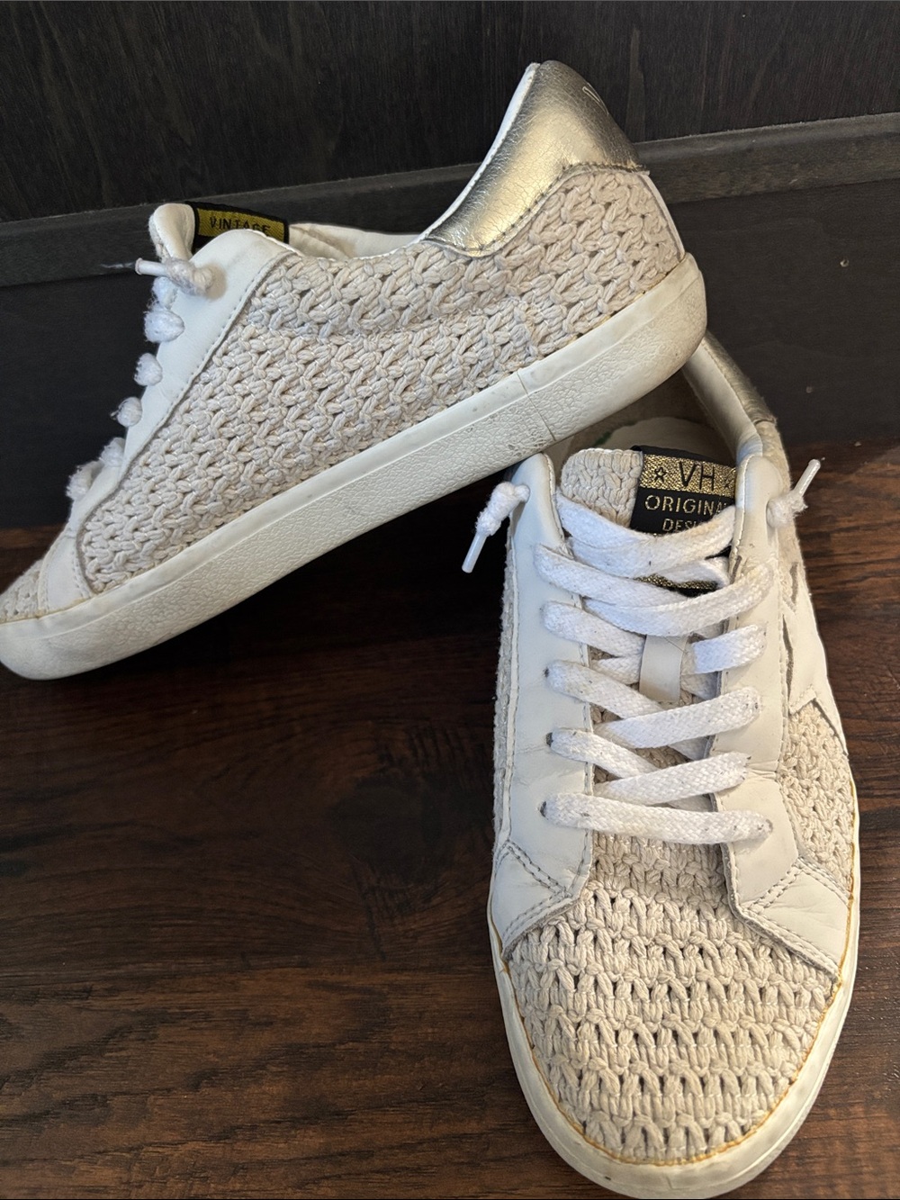 Vintage Havana Cream Woven Leather Lace-Up Sneaker with Silver Heel Tab